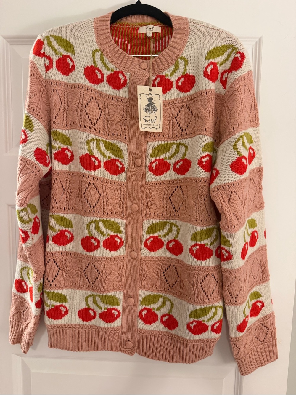 Easel Pink Cherry-Print Button Cardigan Sweater Size Large